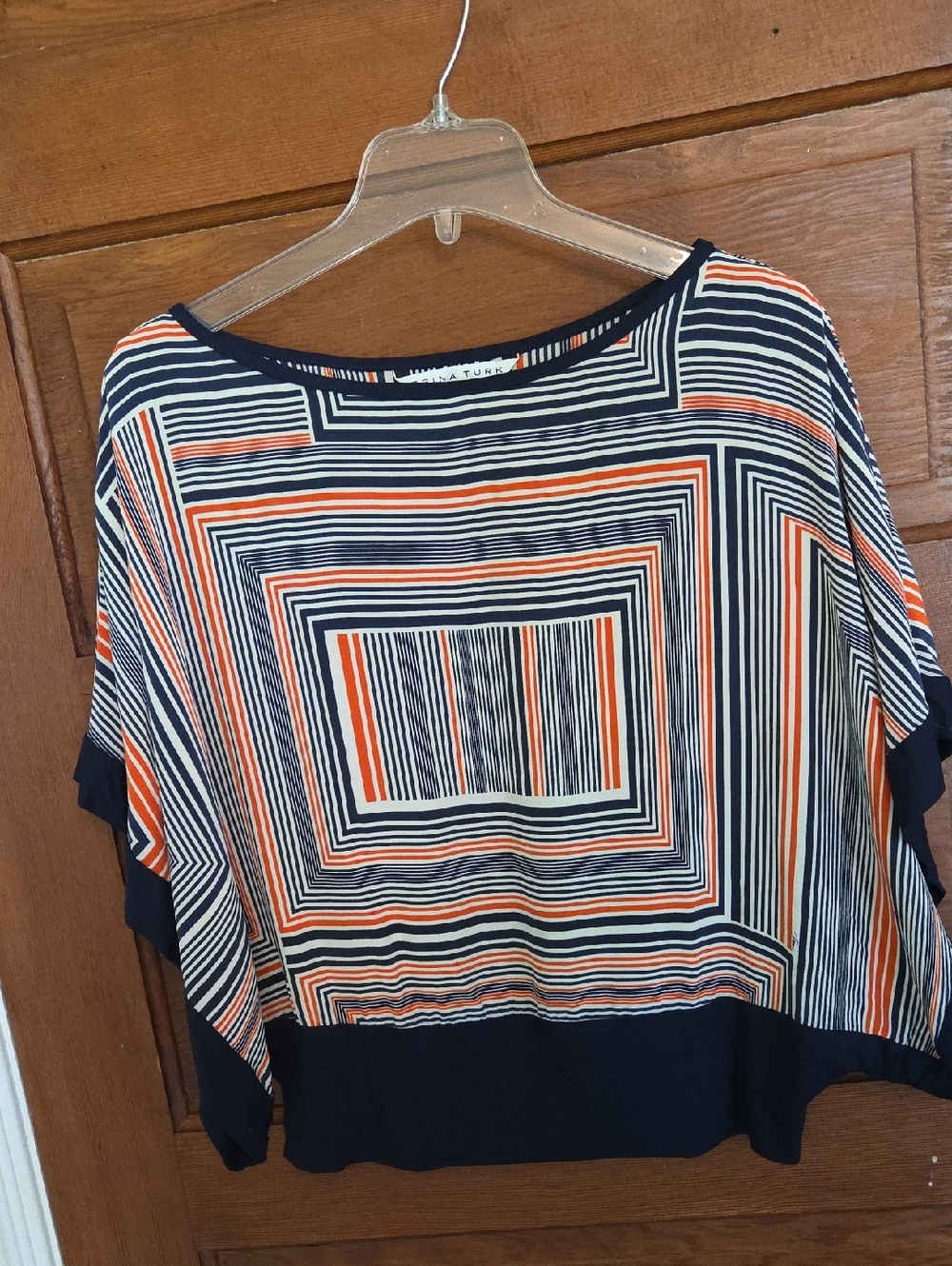Trina Turk Silk Navy, Orange & Cream Striped Boxy Tunic